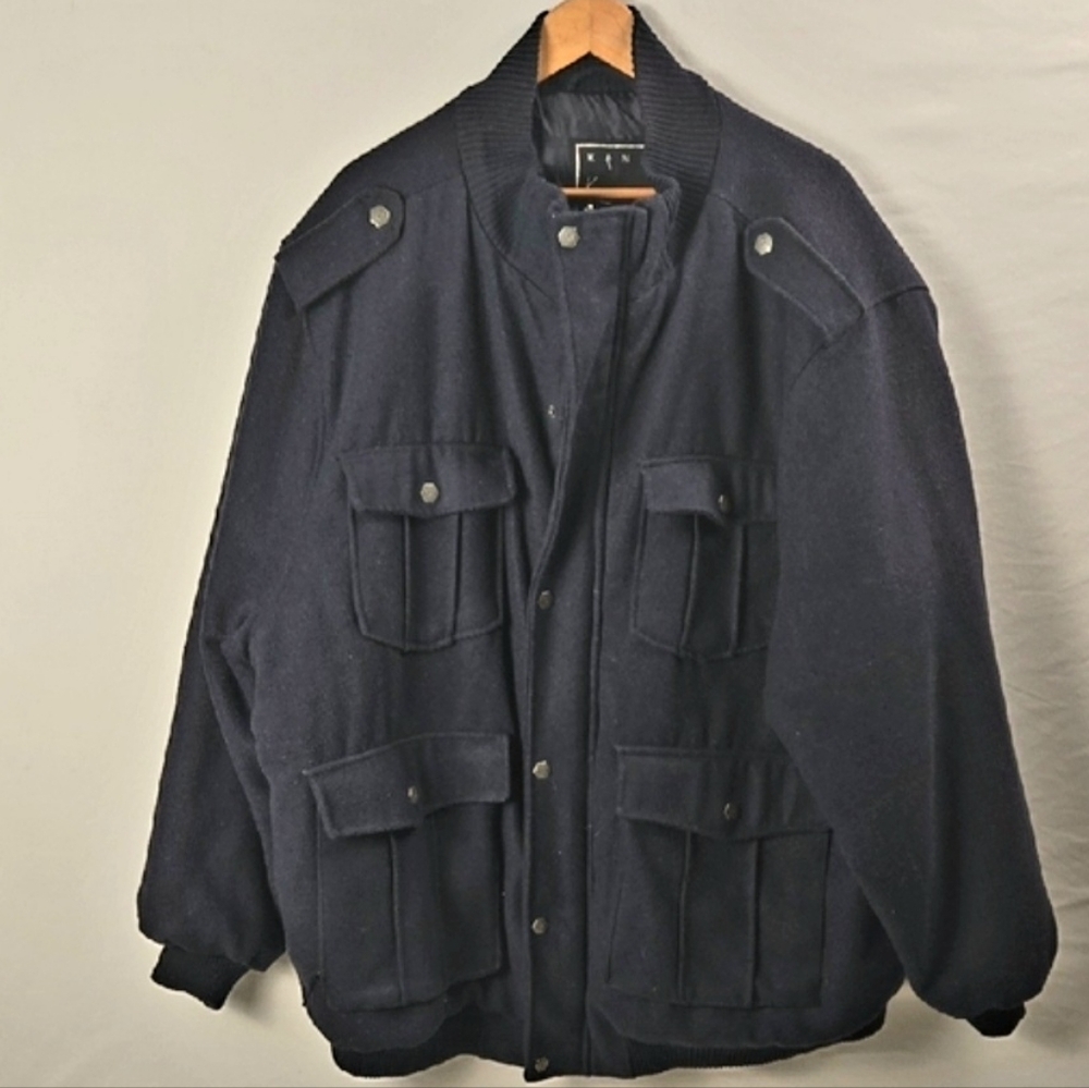 Karl Kani Gold  Vintage Navy Blue Bomber Jacket Wool Military 90s Y2K Sz 5XL